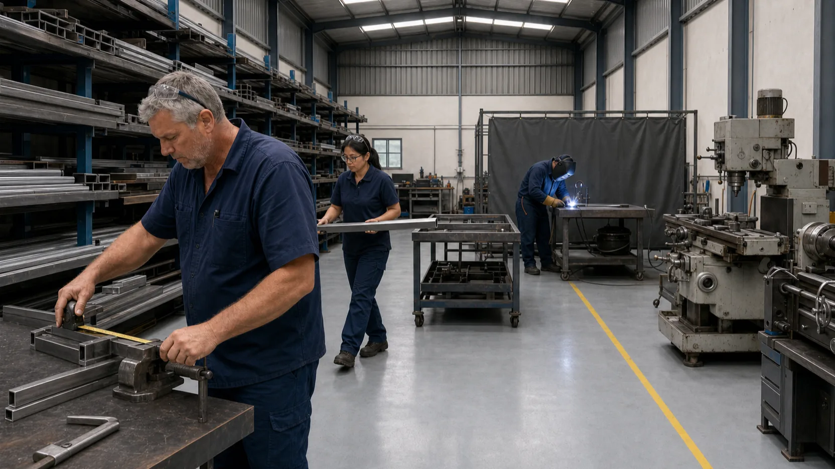 The workshop floor mid-morning, with three of the crew at work