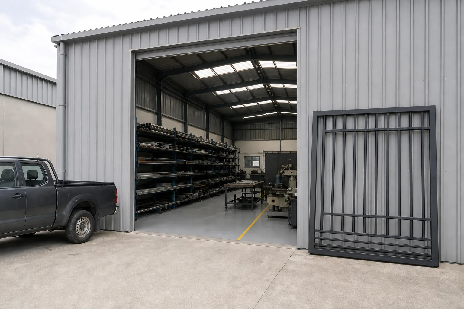 The concrete yard outside the workshop with the roller shutter open and a finished gate leaning against the wall