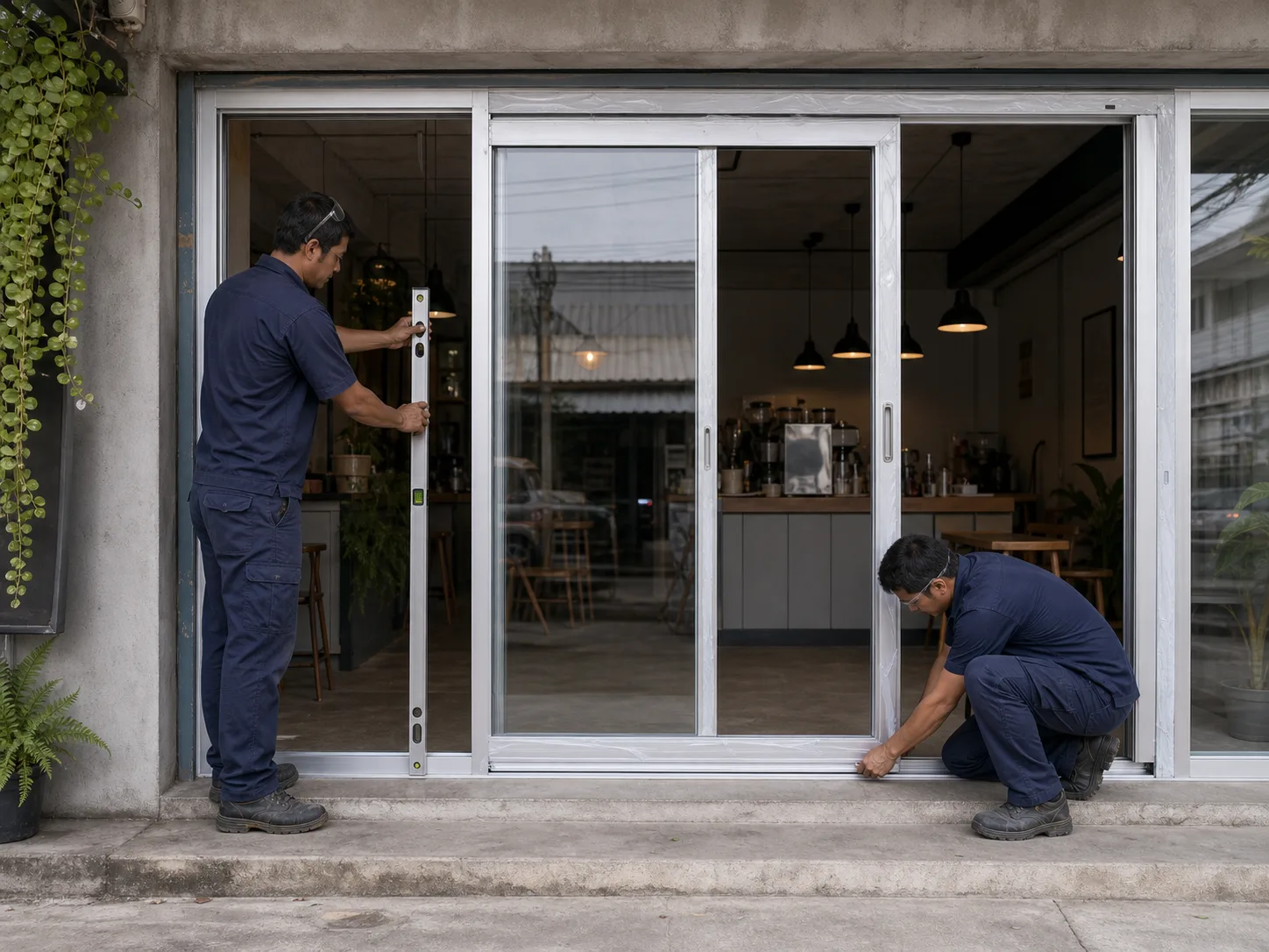 Two installers fitting an aluminium sliding door into a small café shopfront