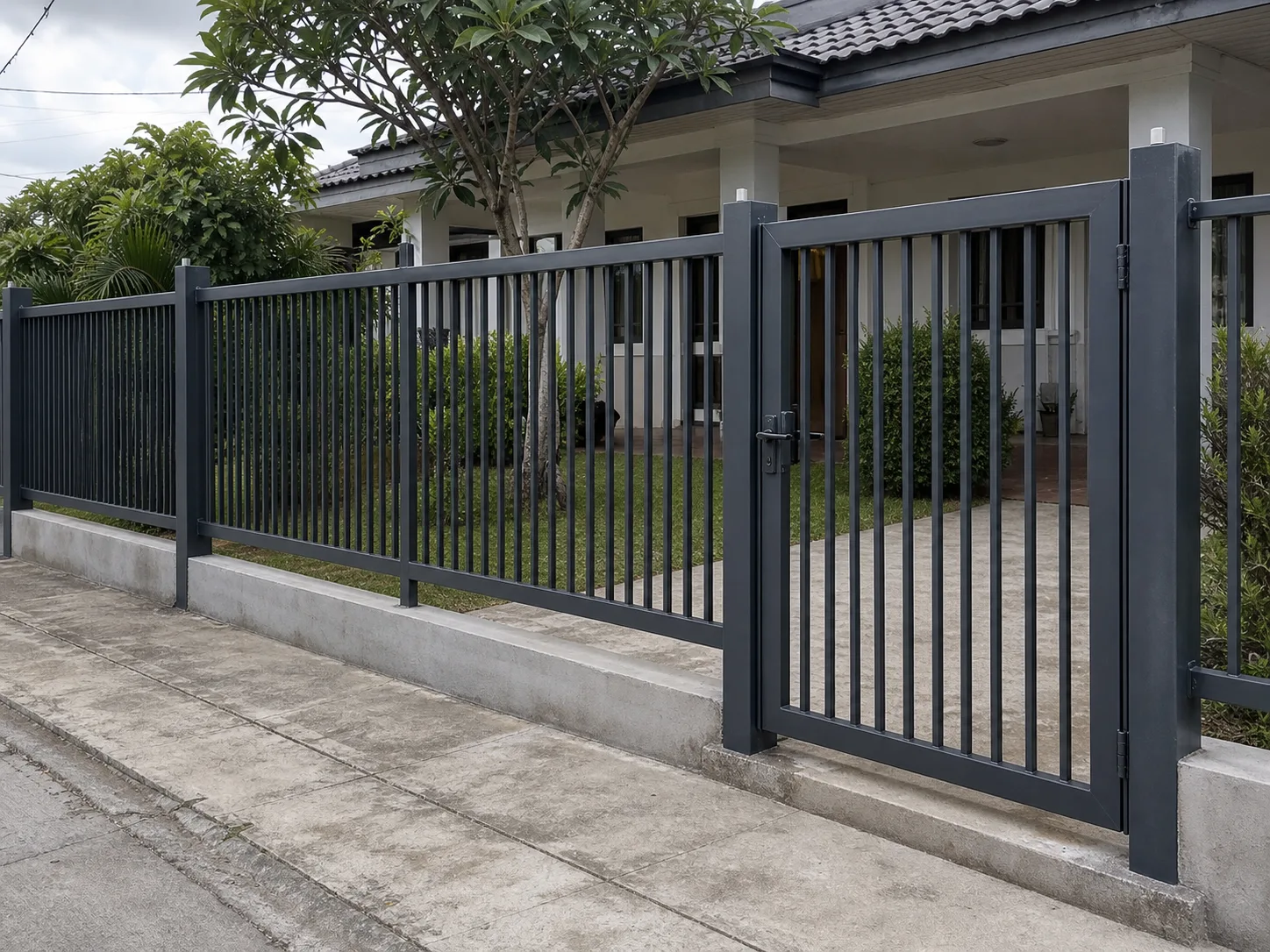 A powder-coated steel fence with vertical bar infill along the front of a suburban Thai house