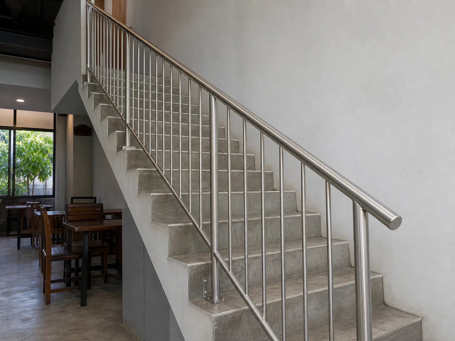 A brushed stainless steel stair rail running up an interior staircase in a restaurant