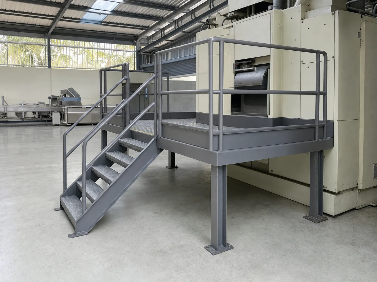 A steel access platform and stair beside a machine in a small factory, with handrail and kick plate